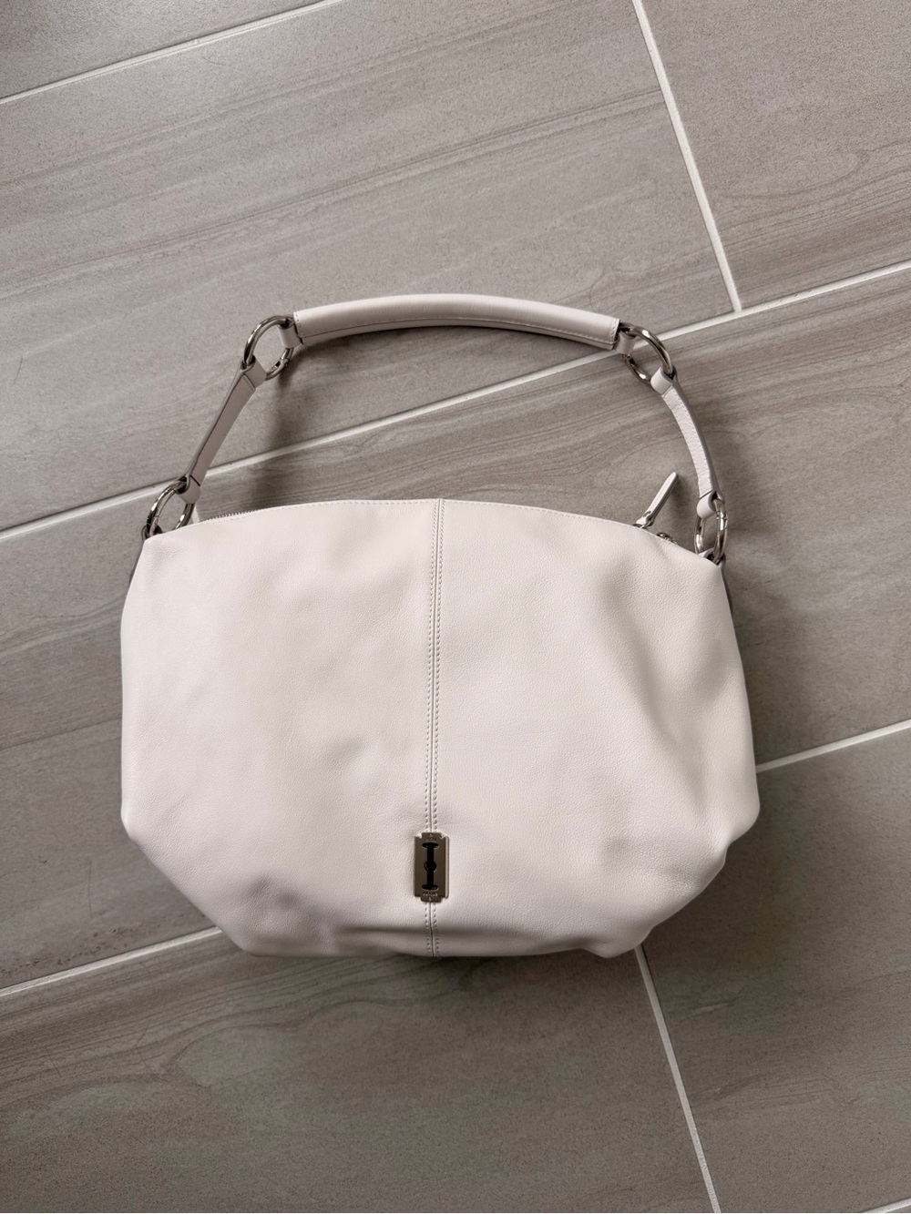 White Leather Shoulder Bag with Top Handle